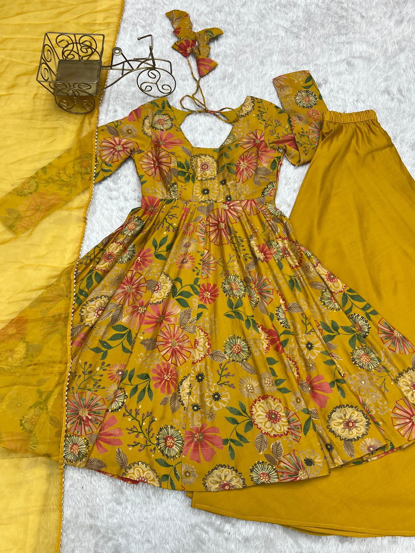 Yellow Silk Anarkali with Palazzo and Dupatta Set