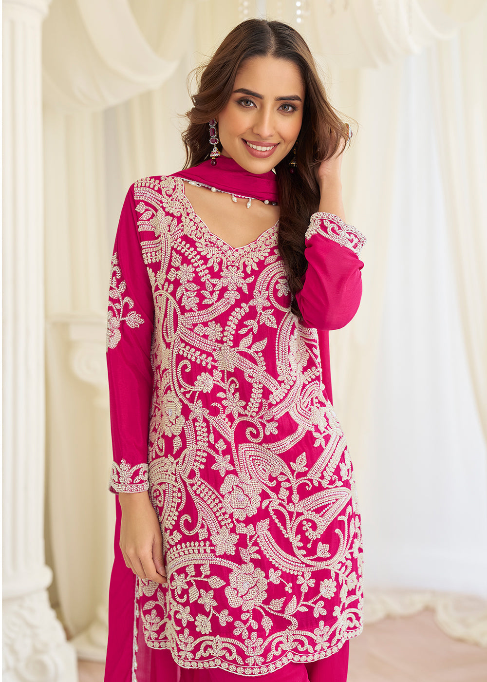 Pink Premium Chinnon Silk & Georgette, Pant Style Salwar Suit