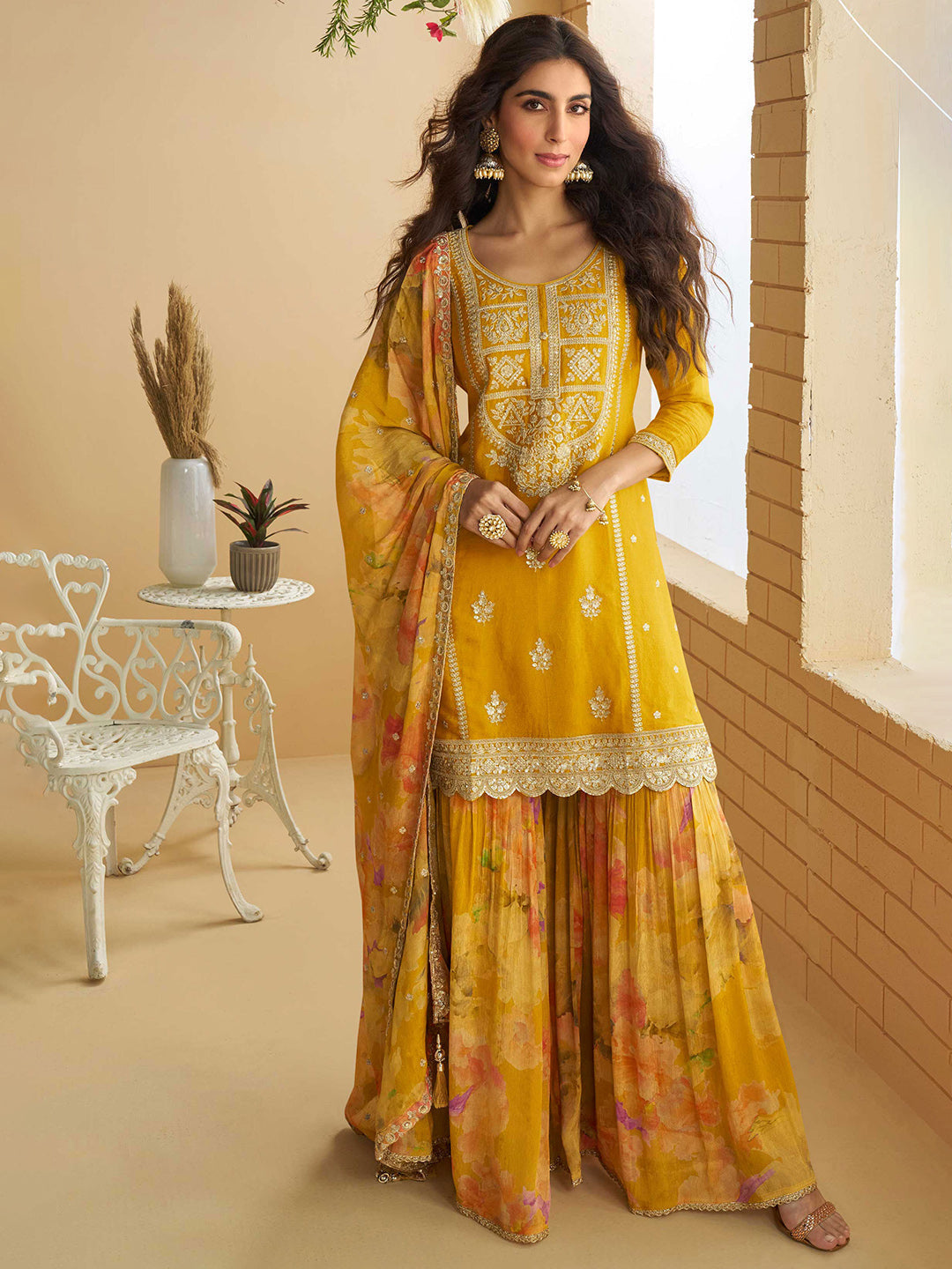 Embroidered Chinnon Kurta With Sharara & Dupatta