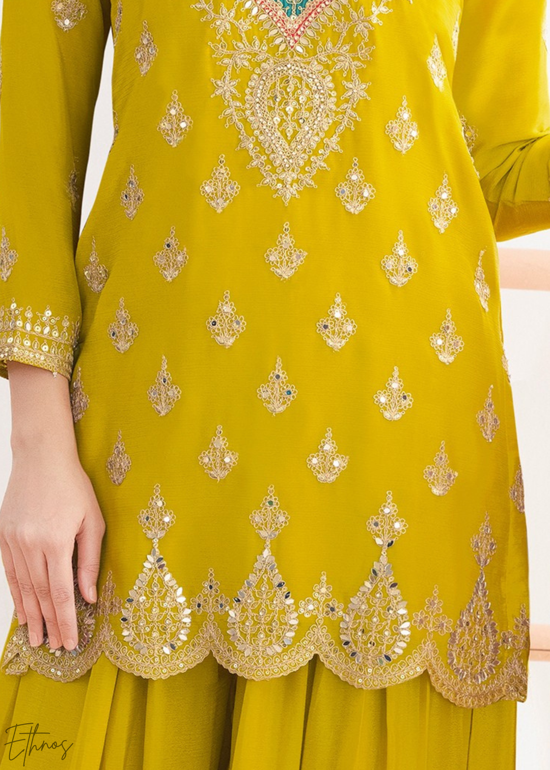 Lime Green Resham Embroidered Chinon Palazzo Suit
