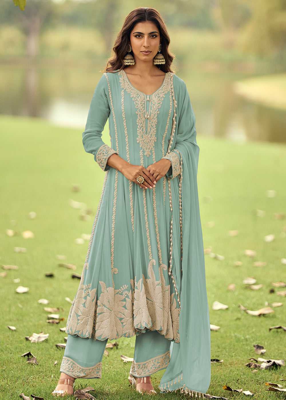 Real Georgette Light Blue Anakali Style Pant Suit