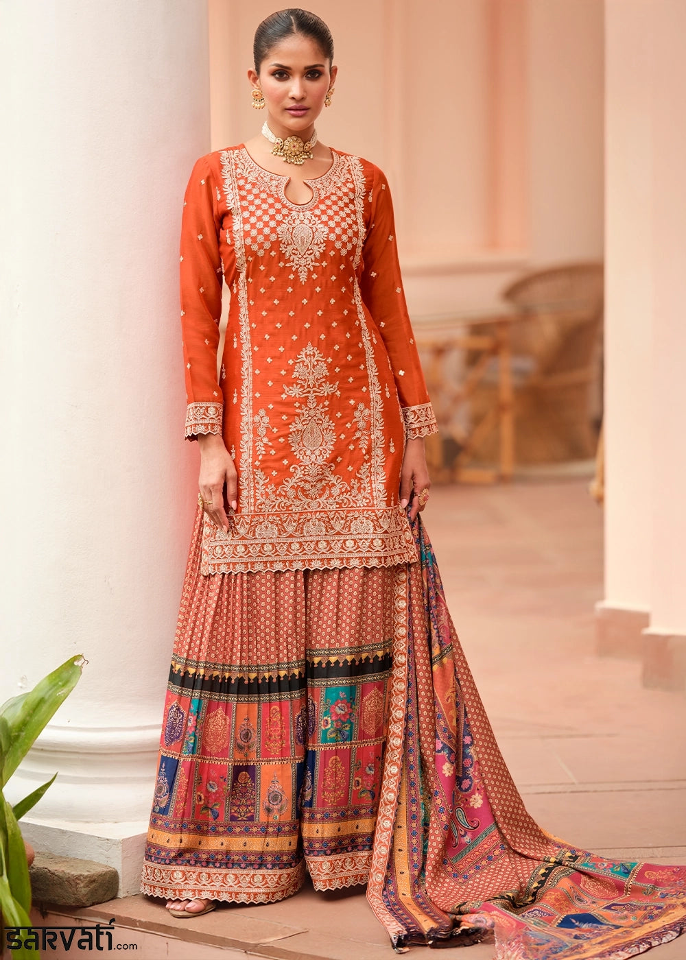 Tiger Orange Embroidered Chinon Silk Kurta