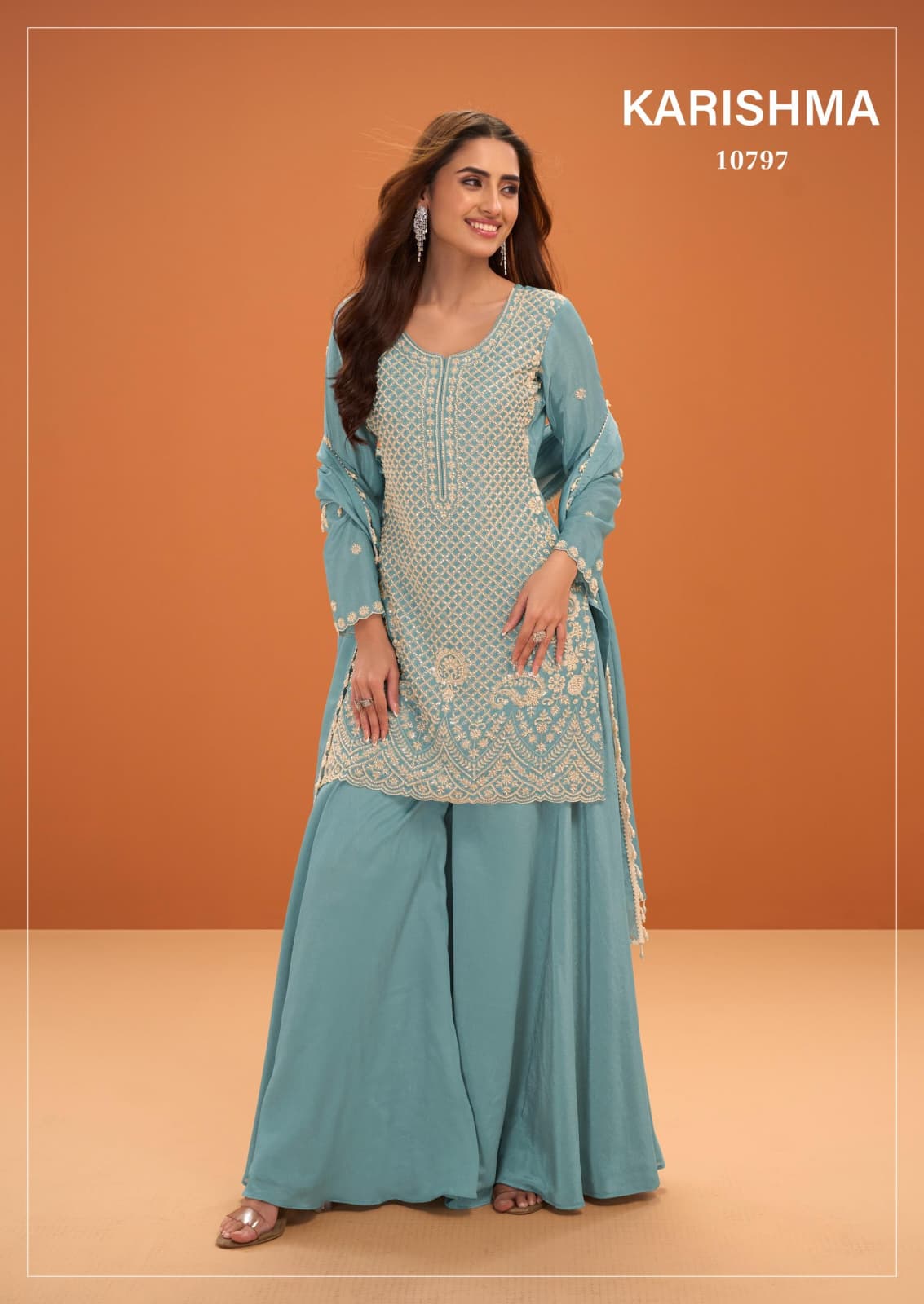 Sea Green Silk Cut-Dana And Resham Embroidered Suit With Palazzo