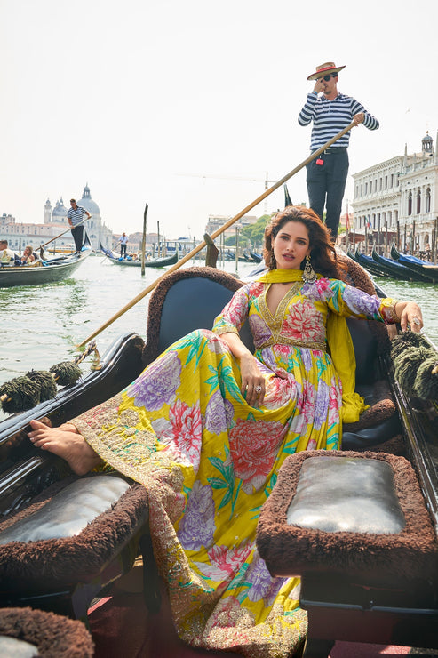 Lime Green Chinon Silk Gown with Dupatta