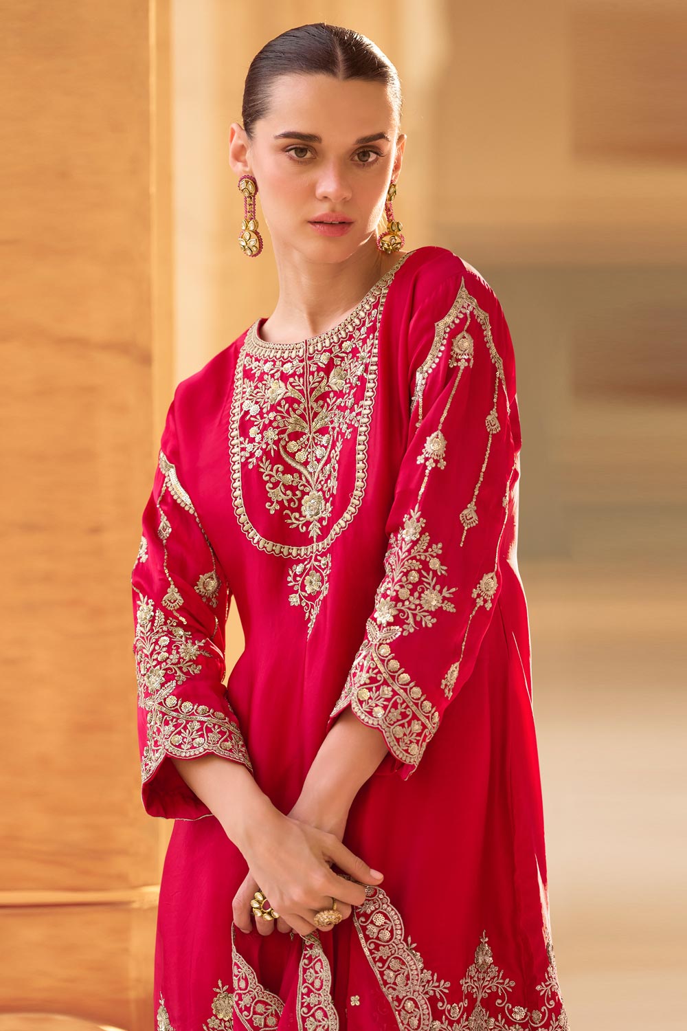 Embroidered Crepe Silk Punjabi Suit in Red
