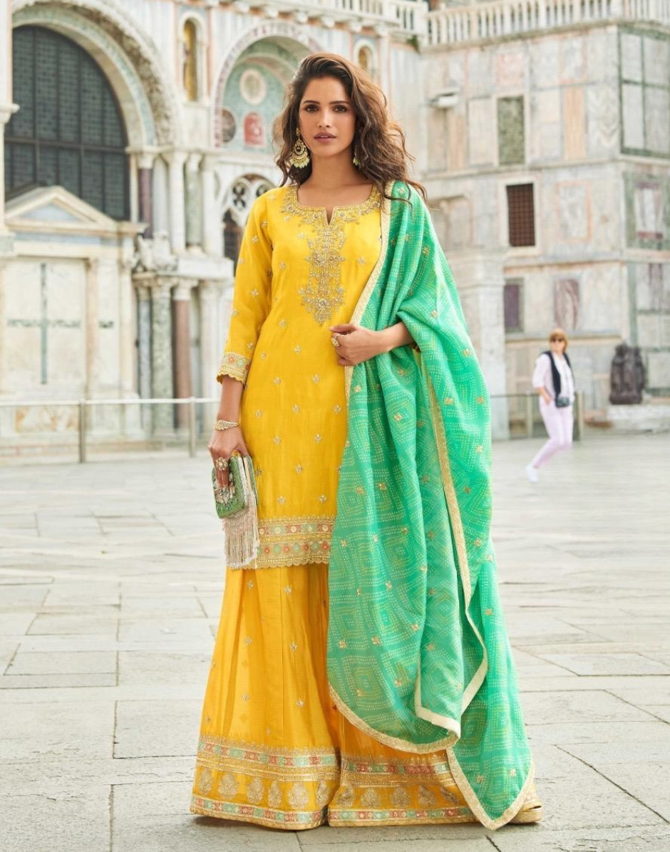 Chic Yellow Silk Embroidered Sharara Set