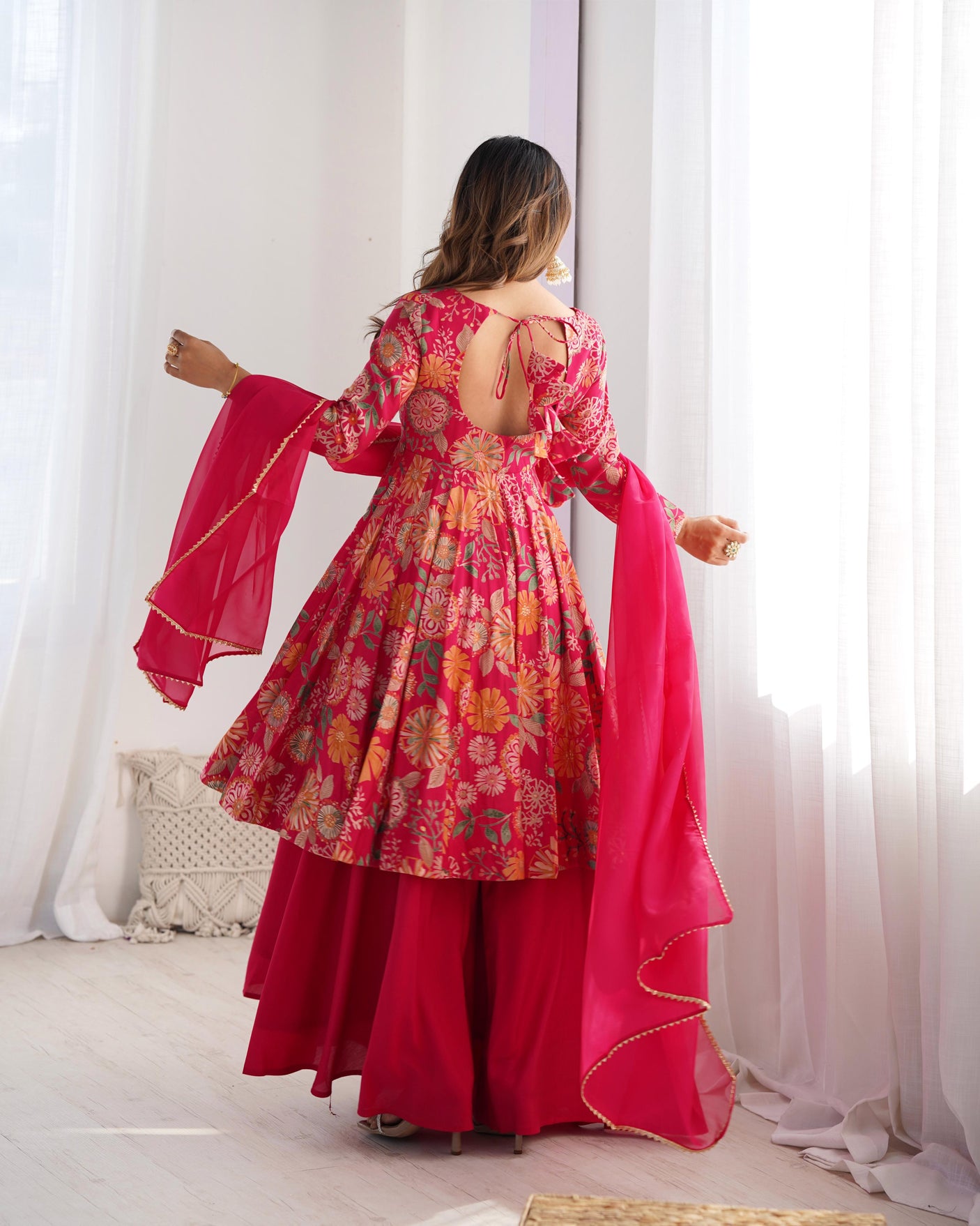 Rani Pink Color Raman silk Printed Plazzo Suit