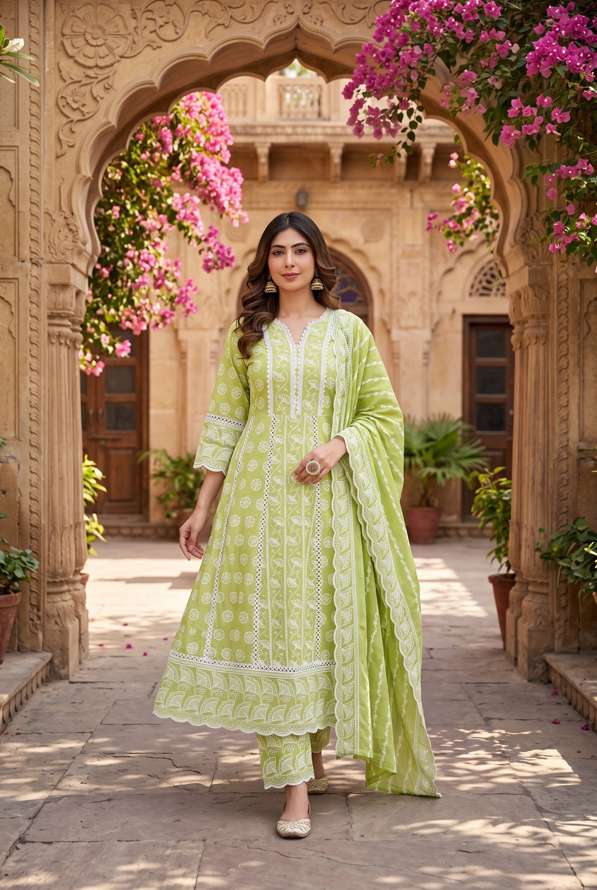 Mul Mul Cotton Chickenkari Embroidered 3pc Suit - Lime Green