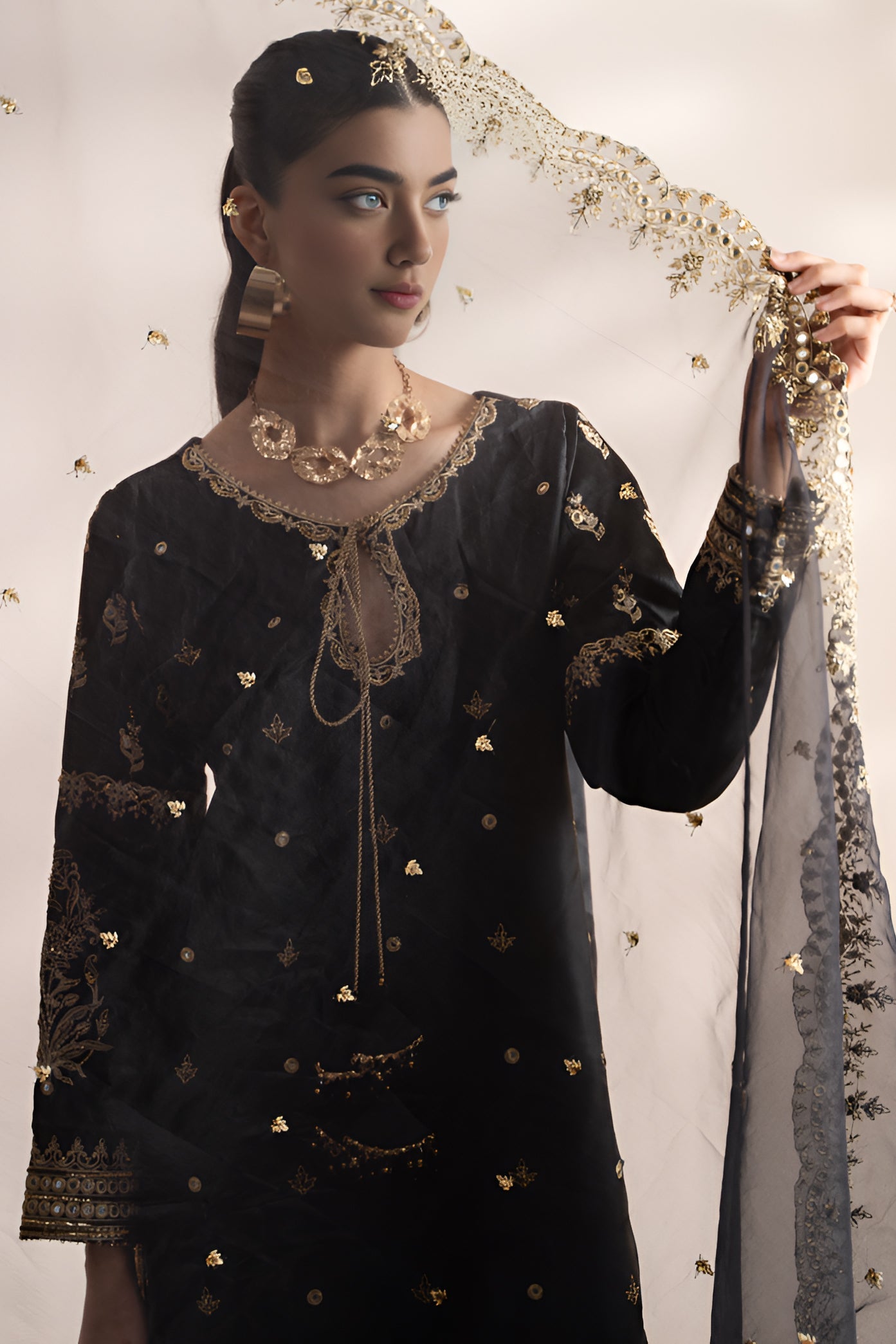3-PC Embroidered Raw-Silk Suit by Charizma