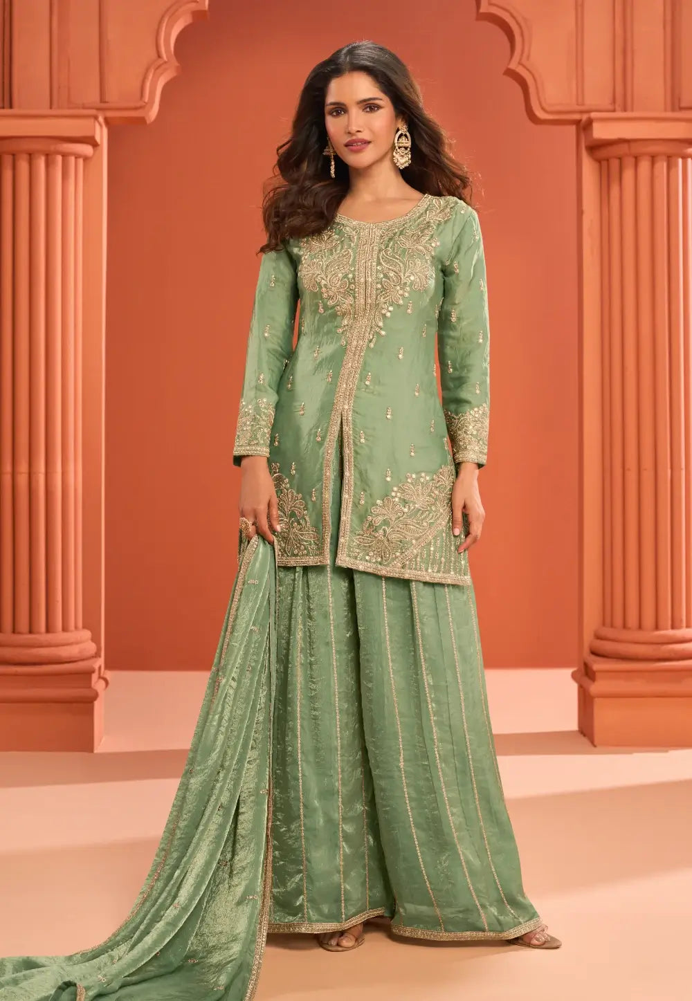 Green Embroidered Stylish Silk Sharara Suit