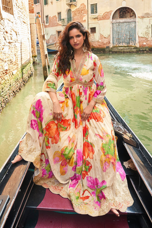 Cream Chinon Silk Gown with Dupatta