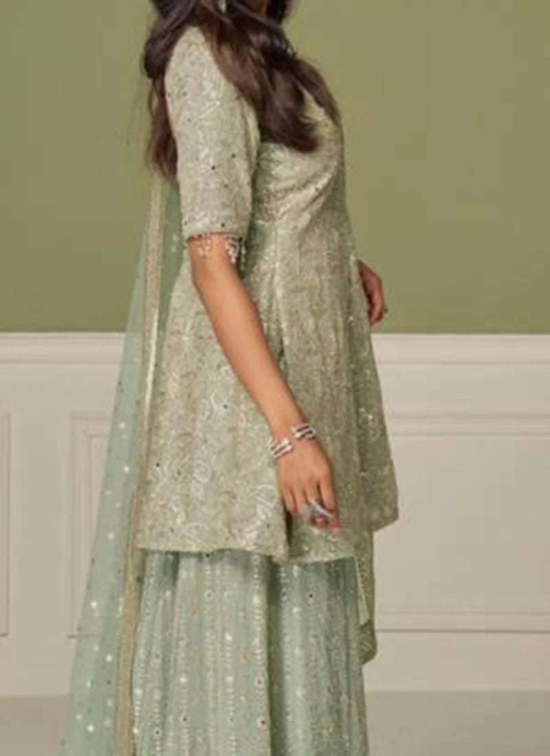 Sea Green Georgette Embroidered Palazzo Suit