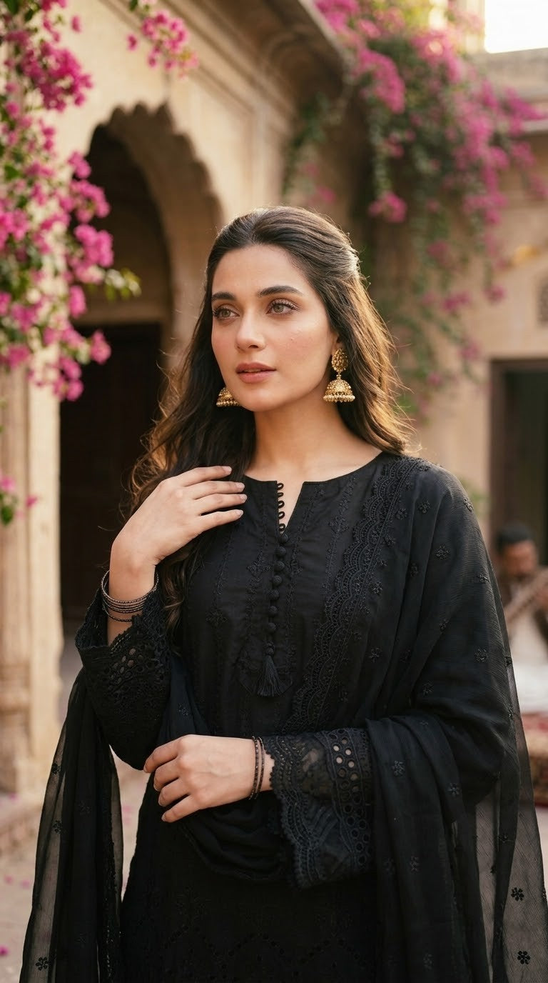 Sadabahar Silk Chikankari Black - Close-up