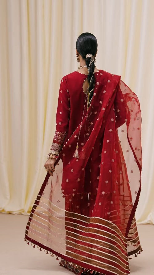 Sapphire Luxe Embroidered Raw Silk Suit Maroon - Back