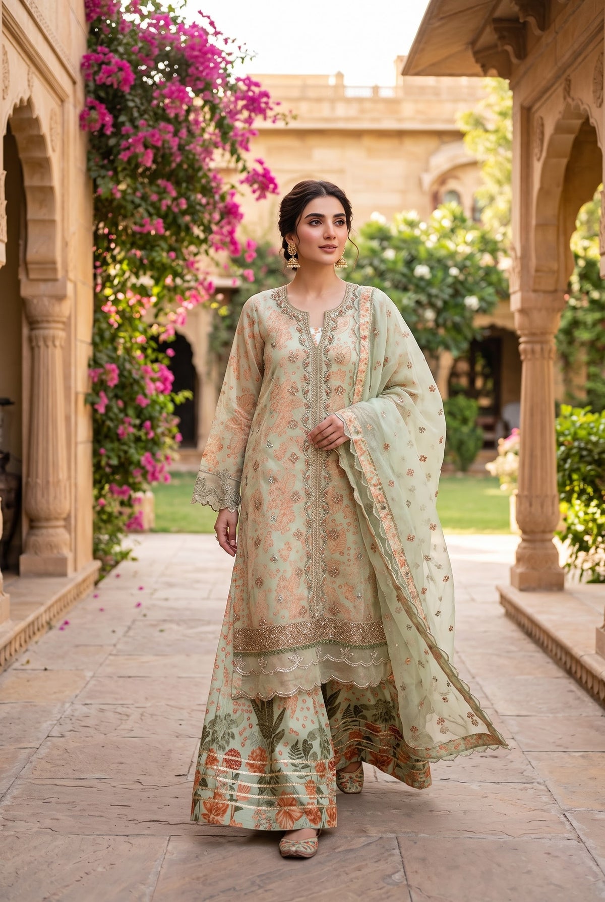 Sapphire Luxe Embroidered Organza Suit Pistachio - Front