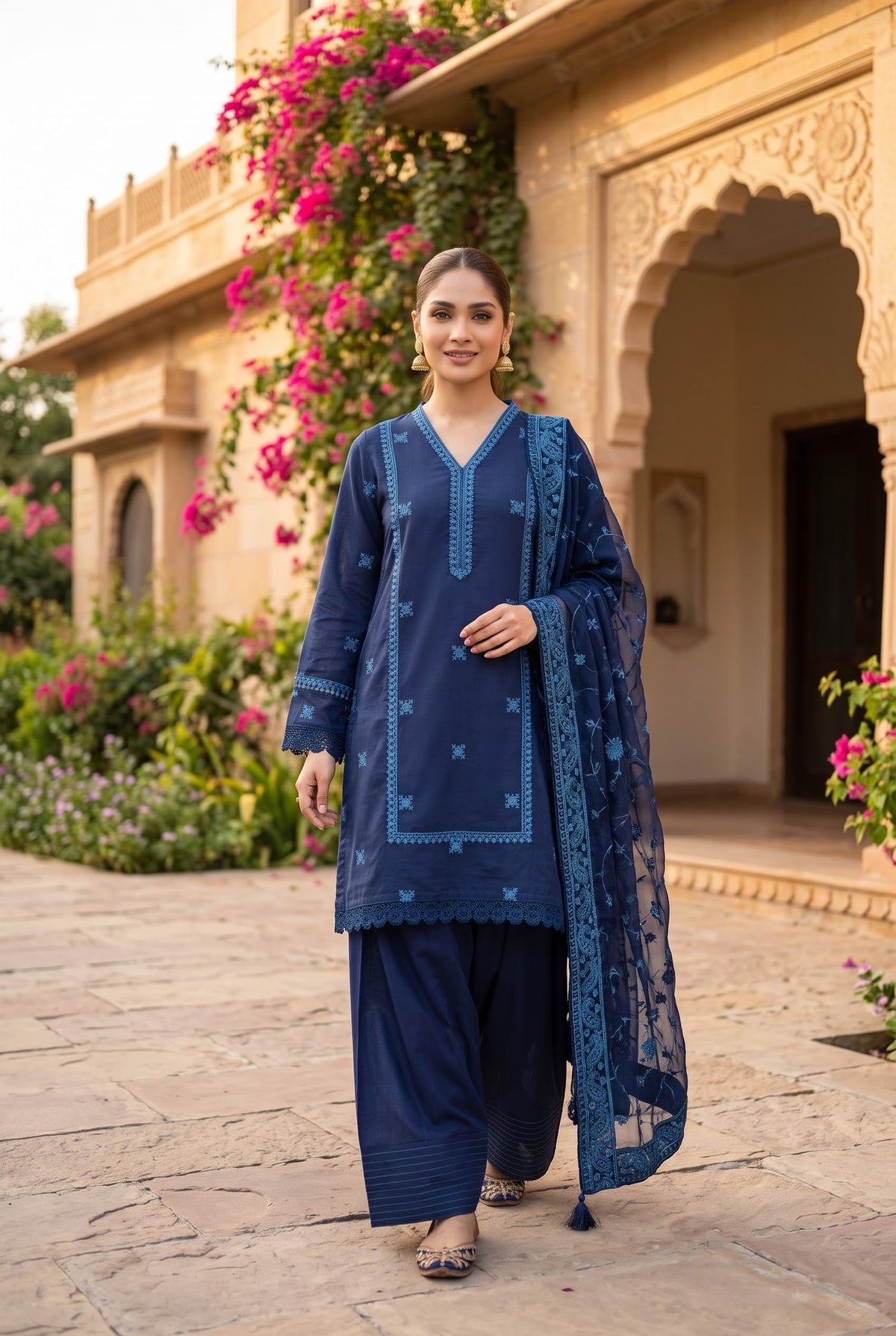 Sapphire Navy Blue Embroidered Cotton Karandi 3 Piece with Farshi Salwar - Full Front