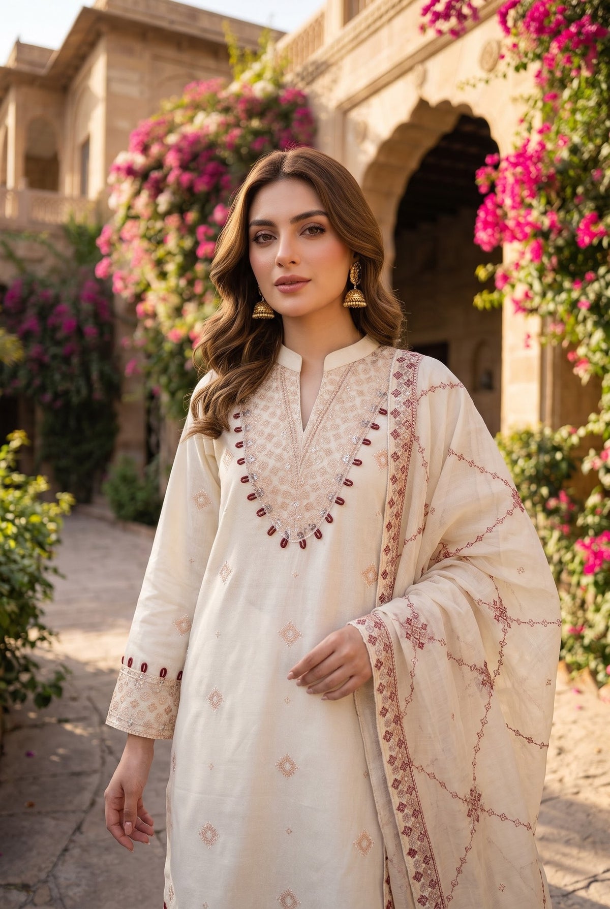 Sapphire Statement Ivory Embroidered Cotton Karandi 3 Piece - Close Up
