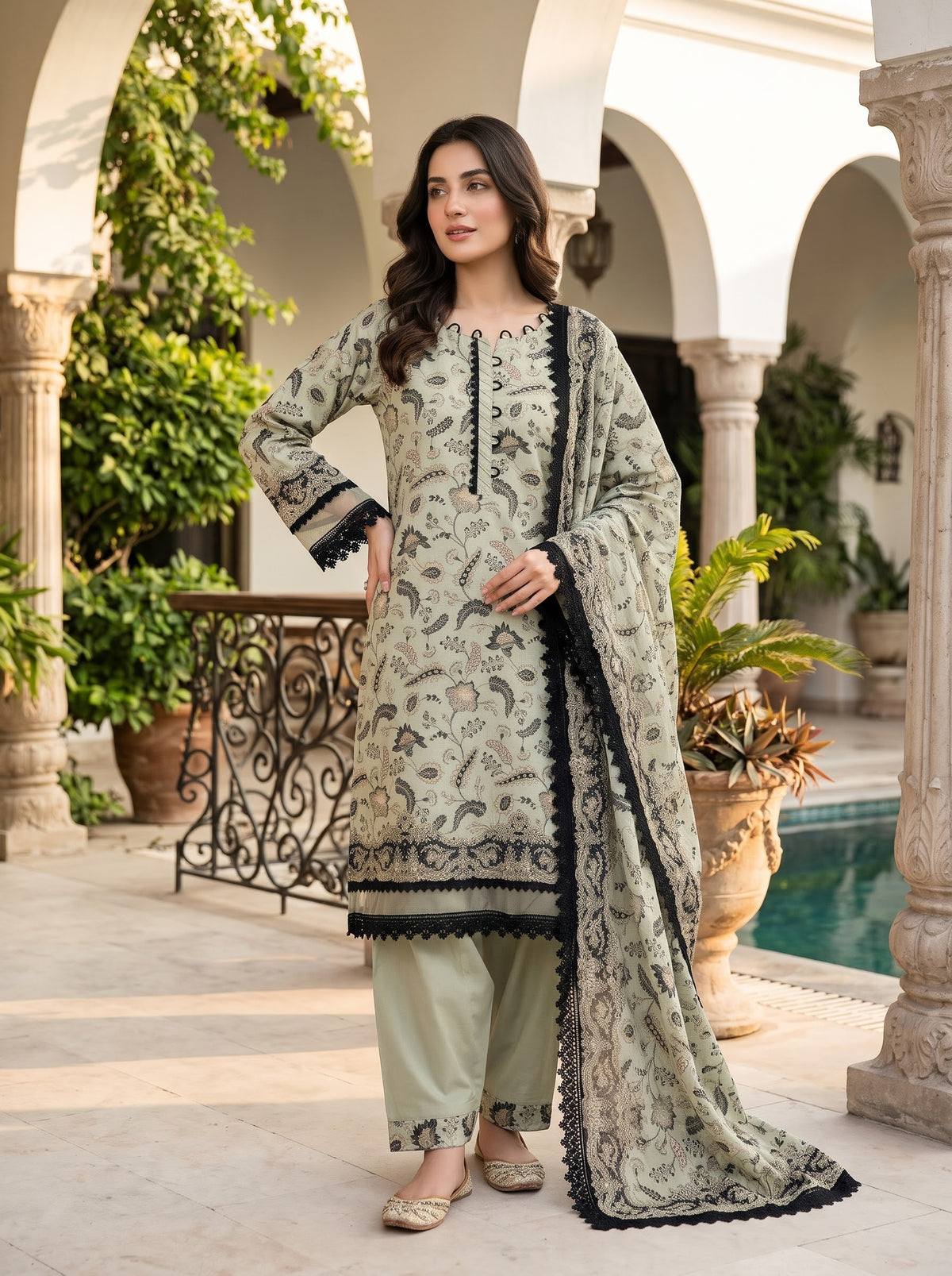 Zellbury Volume 2 sage green printed stitched lawn suit