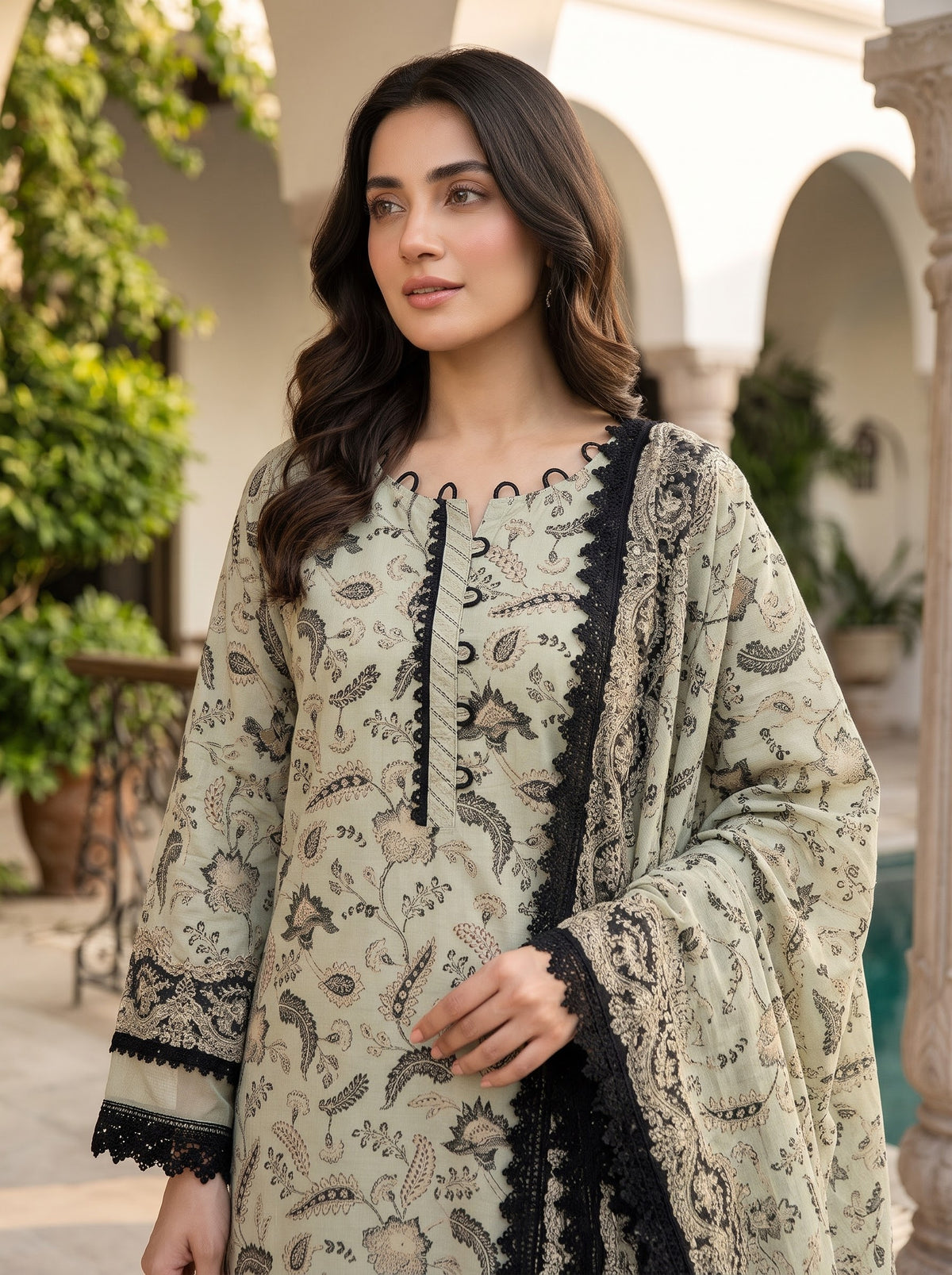 Zellbury Volume 2 sage green lawn suit close up