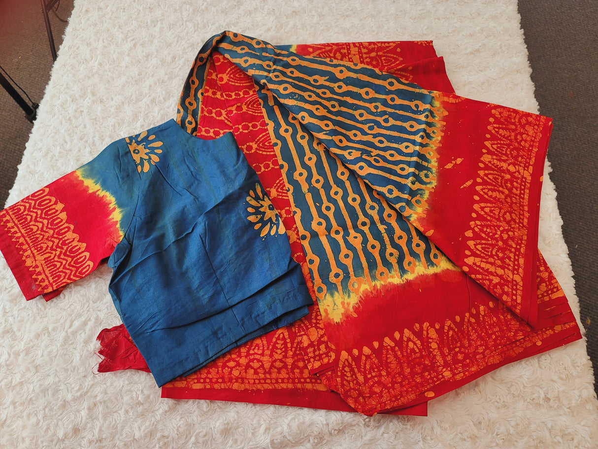 Cotton batik saree with stiched blouse