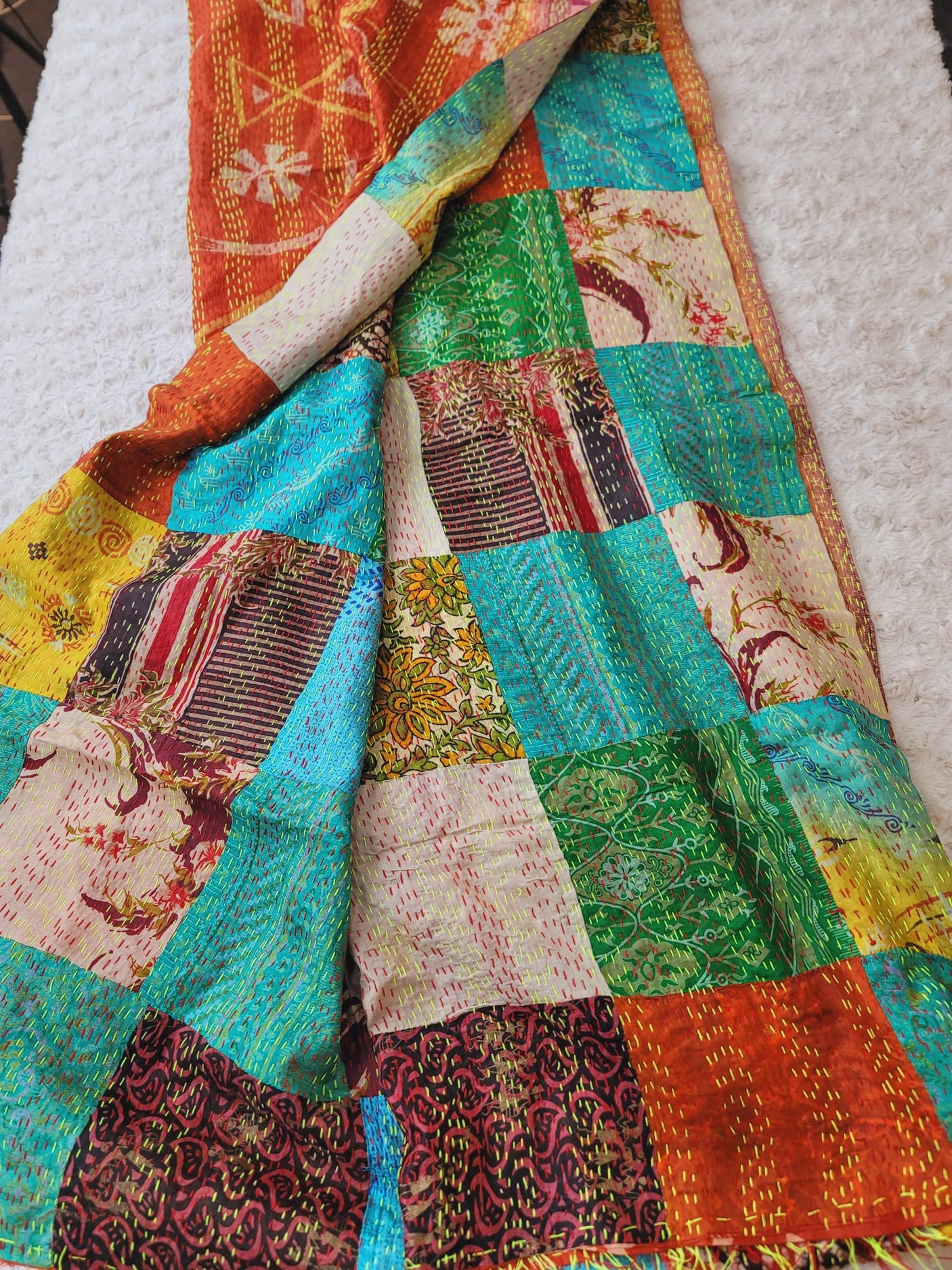 Pure hand stitched, math-stitch silk stoles which can be carried both ways!