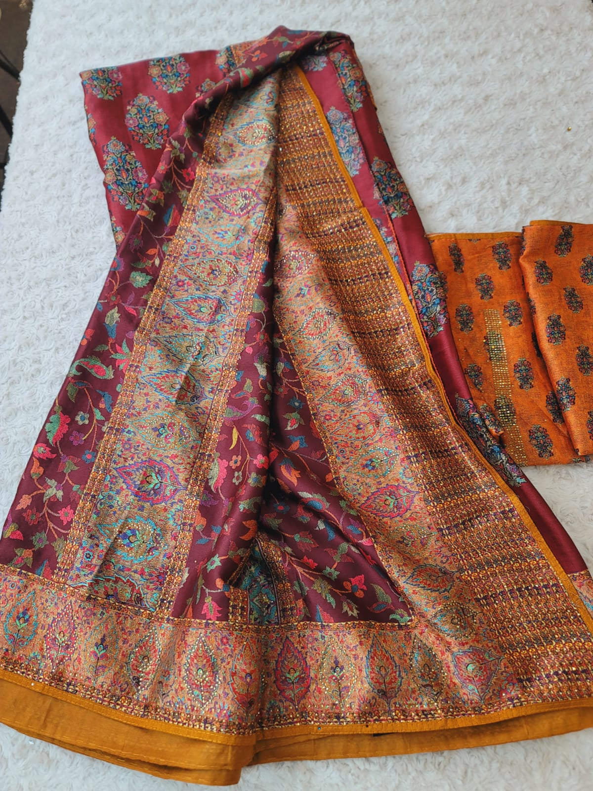 Raw silk with stone work