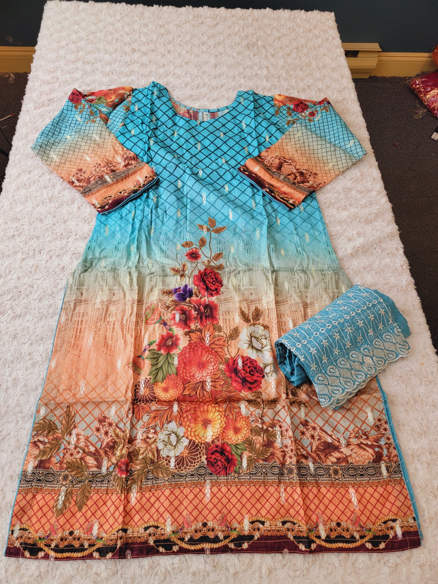 Pakistani Stitched Embroidered Lawn Salwar kameez ready to ship (2pc)