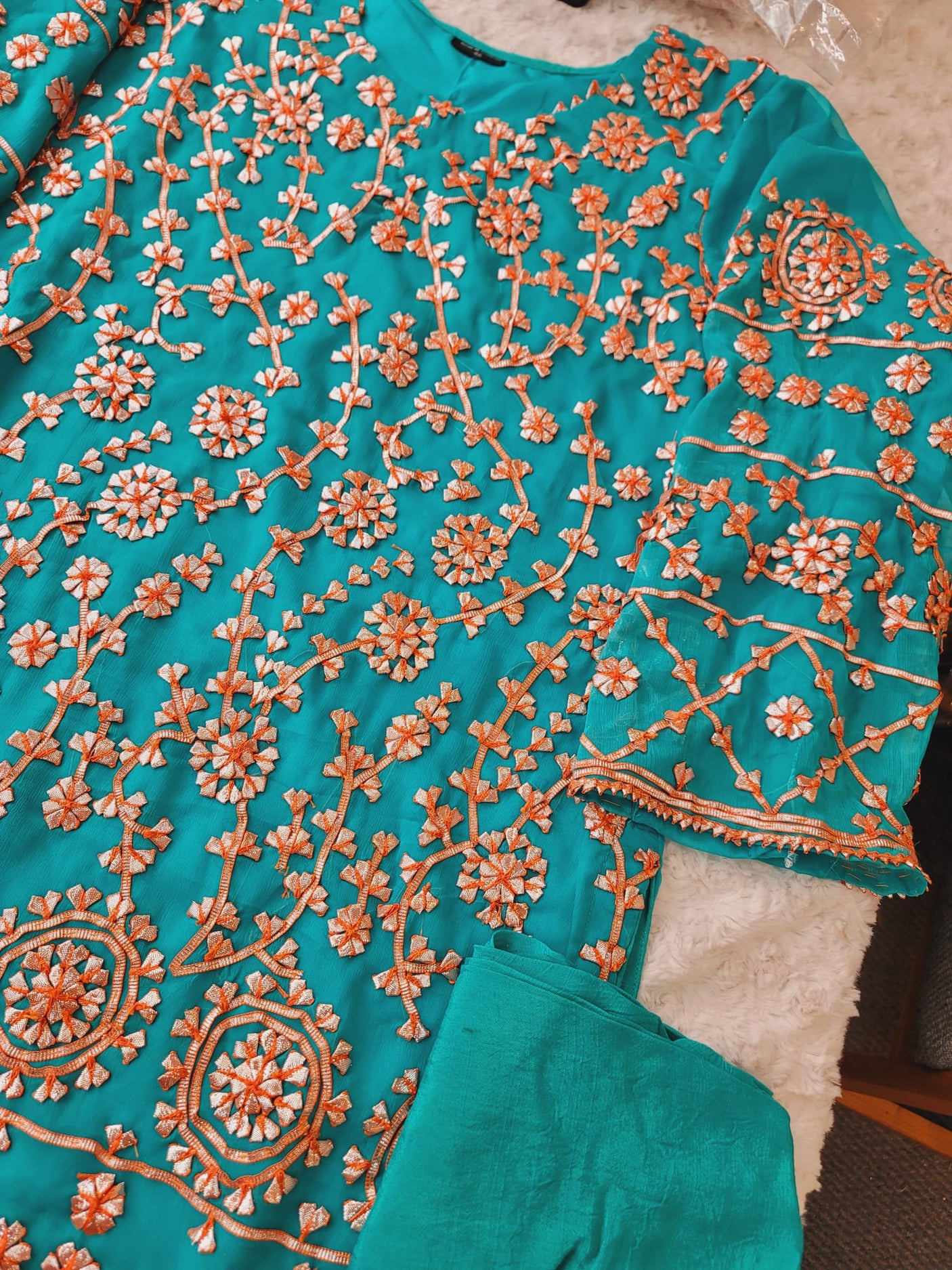 Pure chiffon multani dress with raw silk dupatta.(full work dupattas)