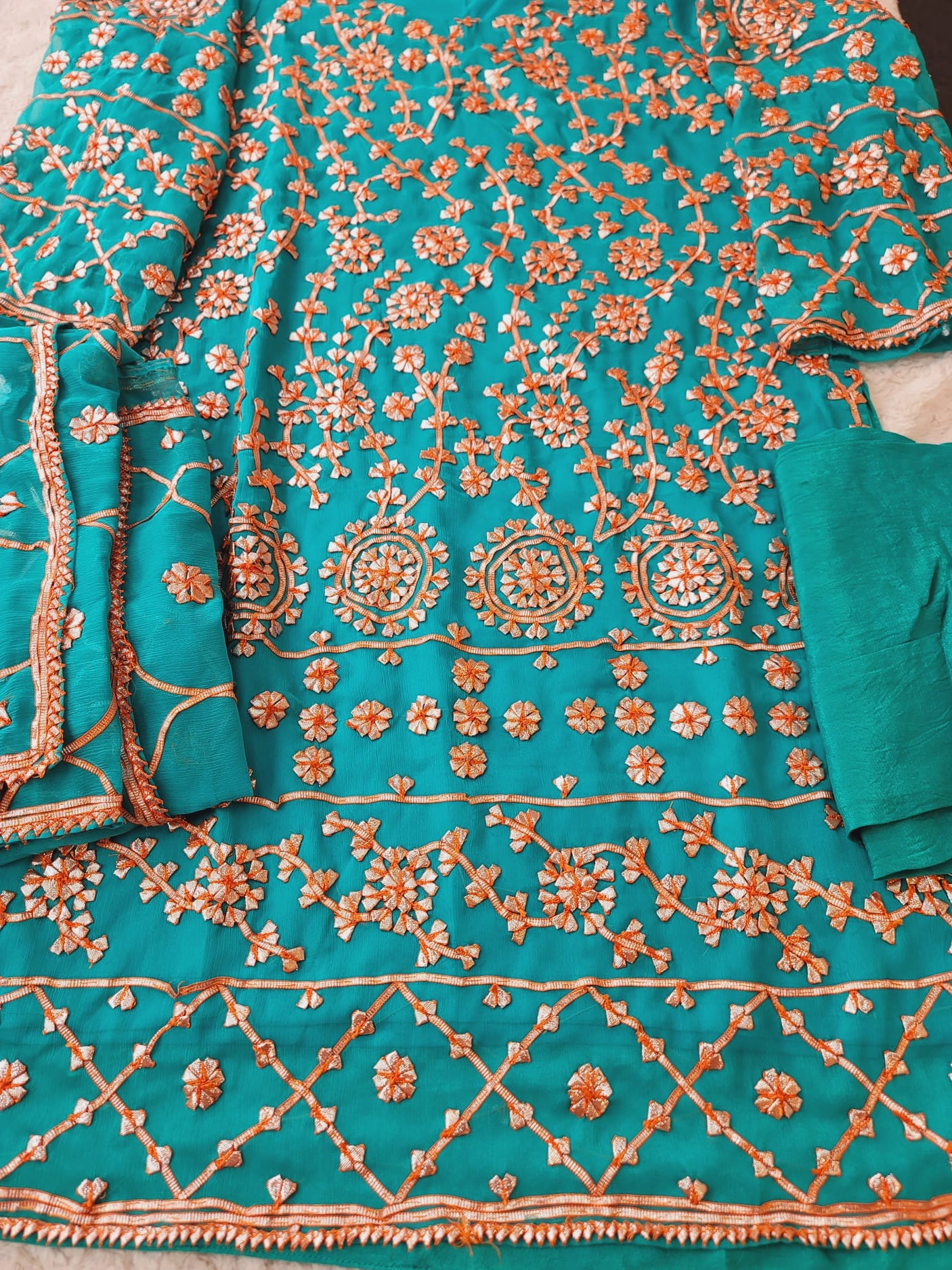 Pure chiffon multani dress with raw silk dupatta.(full work dupattas)