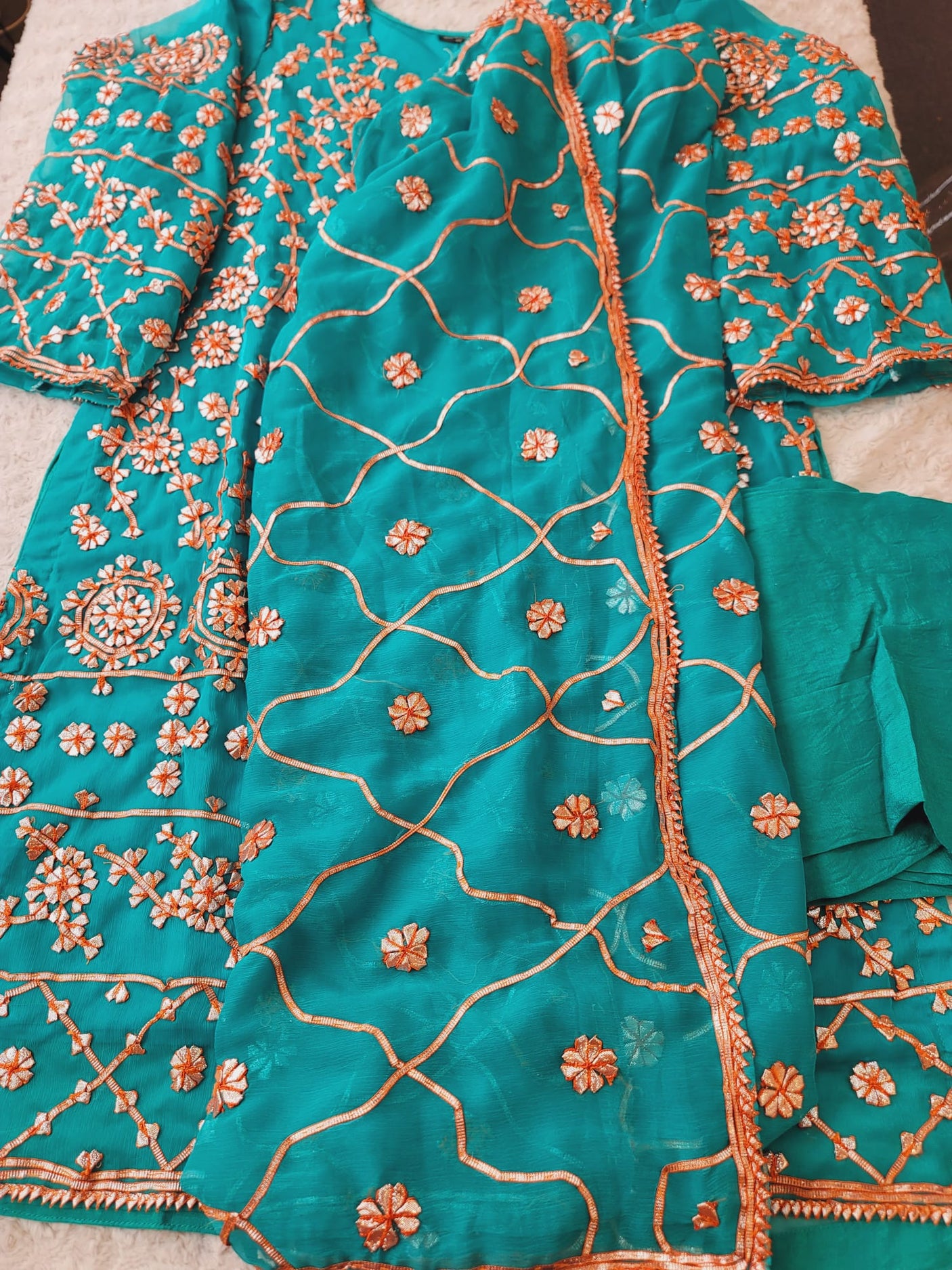 Pure chiffon multani dress with raw silk dupatta.(full work dupattas)