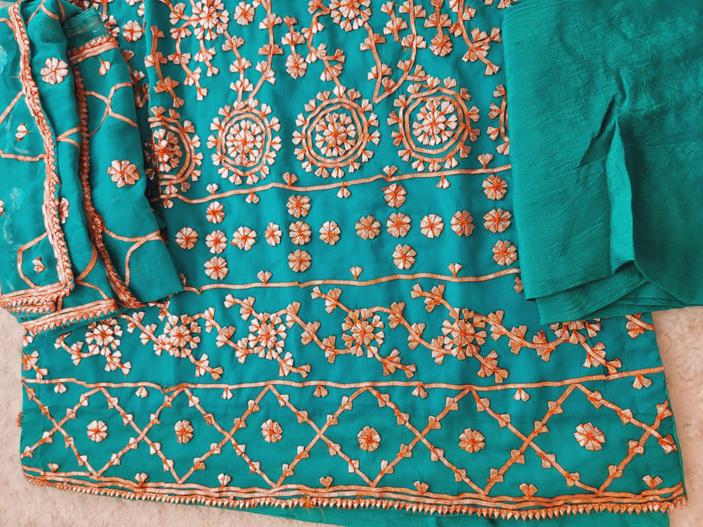 Pure chiffon multani dress with raw silk dupatta.(full work dupattas)