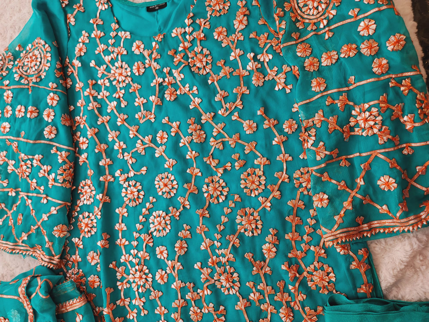 Pure chiffon multani dress with raw silk dupatta.(full work dupattas)