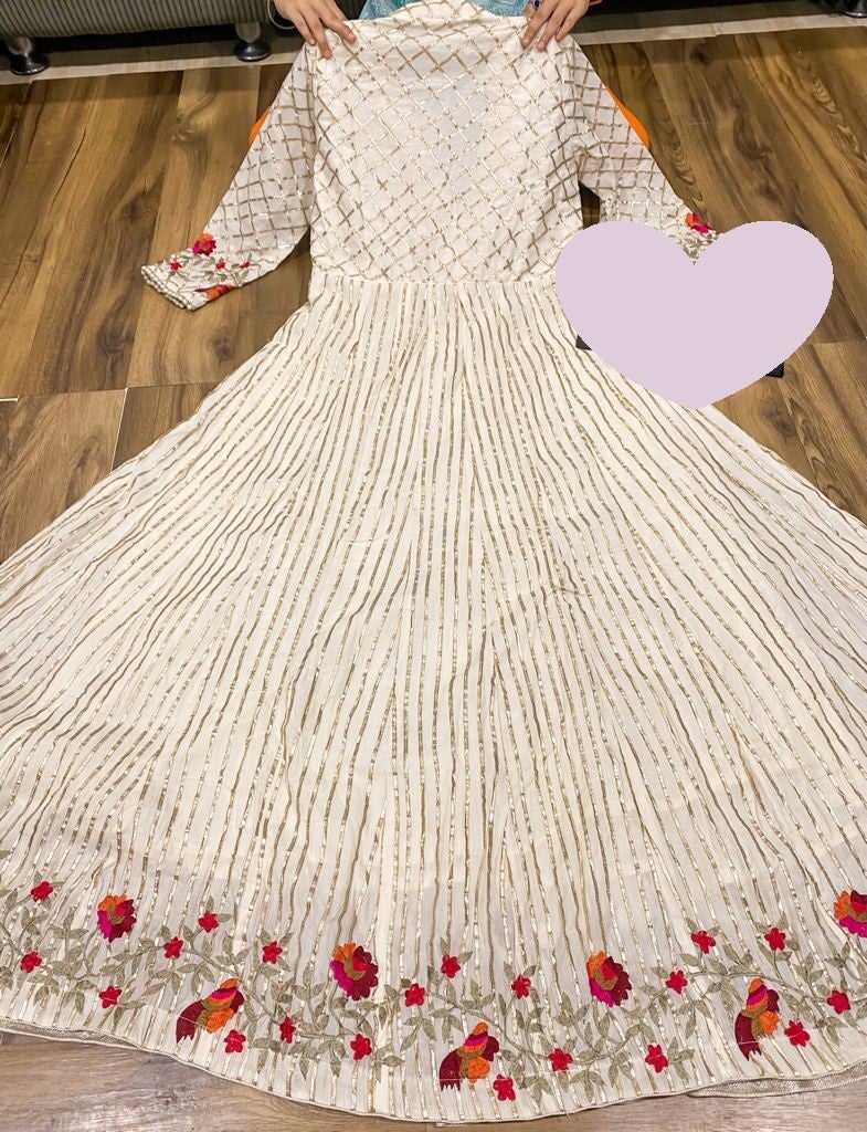 Premium heavy cotton Anrakha pattern gown with heavy gota in front & back both side with heavy embroidery in sleeves & bottom of dress