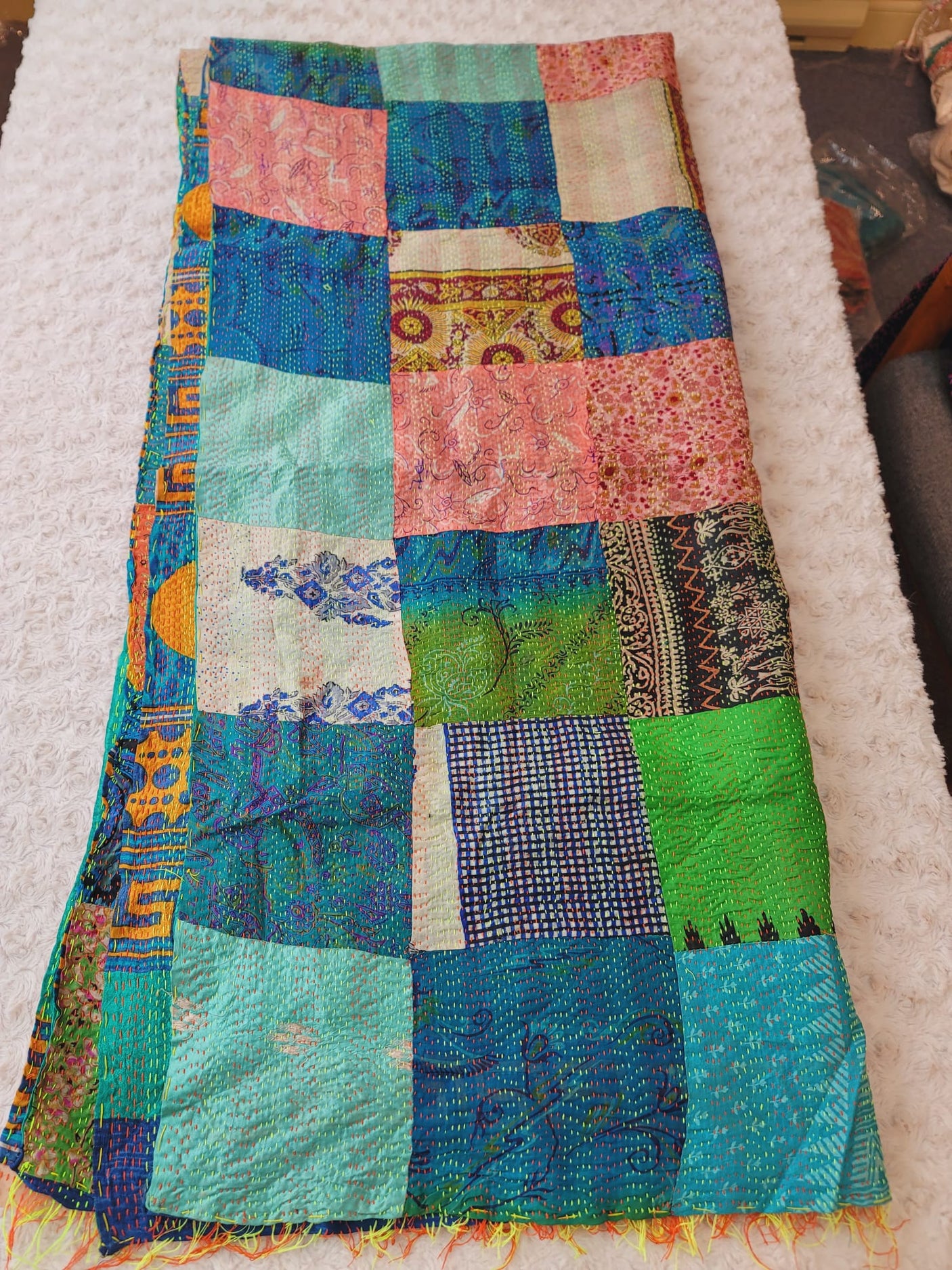 Pure hand stitched, math-stitch silk stoles which can be carried both ways!