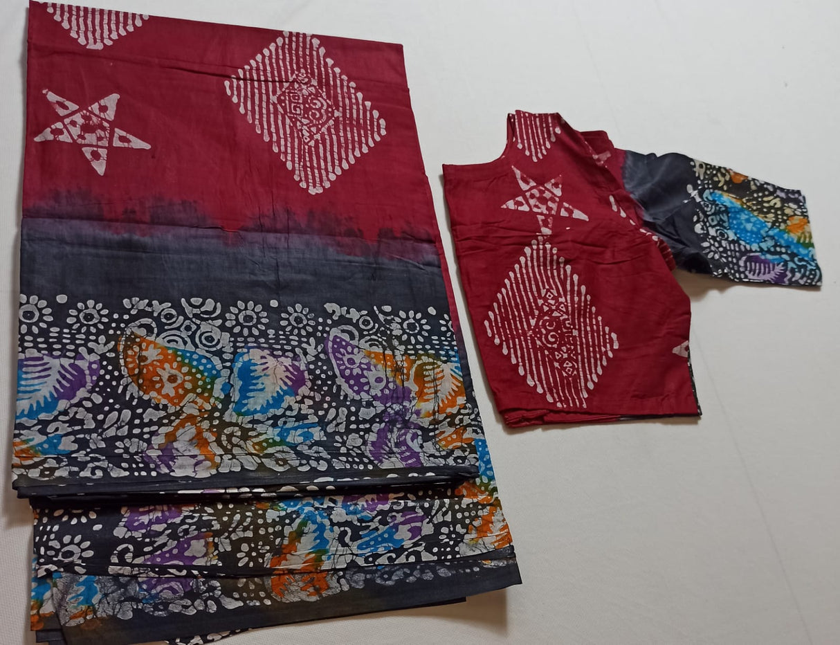 Cotton batik saree with stiched blouse