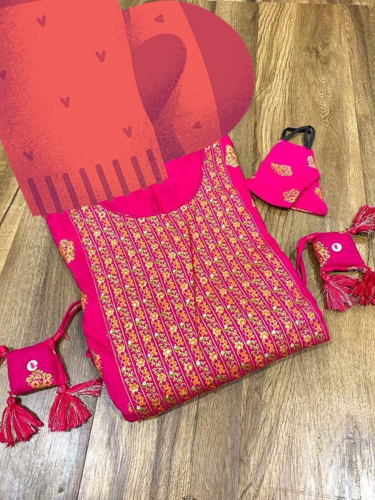 Premium reyon anarkali gown with gold liquid zari with block print with tassles Complimentary mask