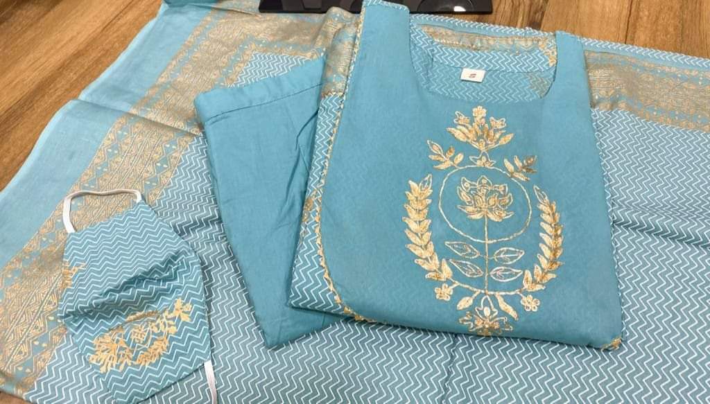 Premium cotton anarkali kurti with liquid zari print detailed with heavy gota work on yoke ..... Paired pant & duppata with complimentary mask