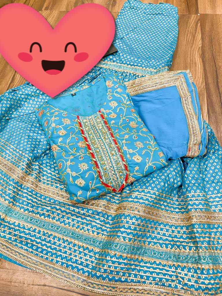 Premium cotton peplum & sharara detailed with gold liquid zari all over & hand work on yoke with heavy gota detailing all over paired with chiffon dupatta with gota detailing