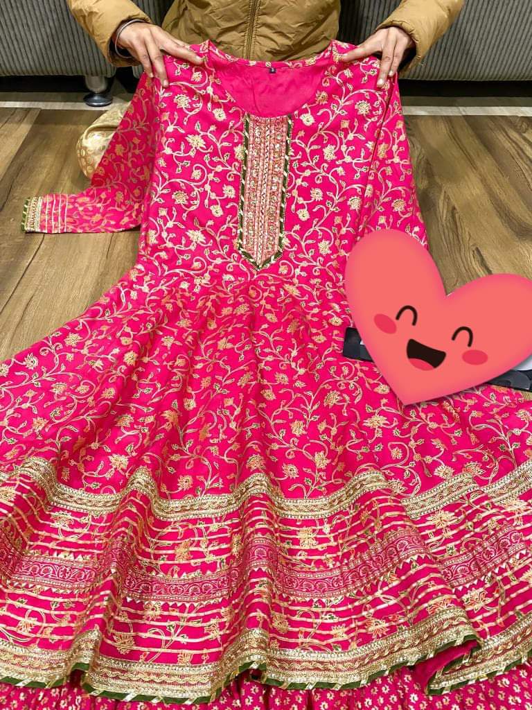 Premium cotton peplum & sharara detailed with gold liquid zari all over & hand work on yoke with heavy gota detailing all over paired with chiffon dupatta with gota detailing