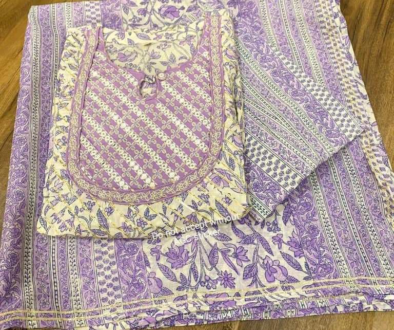 Premium kalamkari print corton anarkali gown detailed with beautiful mirror work & heavy gota work all over paired with cotton pant & mal cotton duppata .