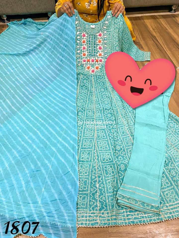 Premium cotton patola print anarkali gown with cotton pant & mal cotton duppata detailed with embroidery , mirror & tassels