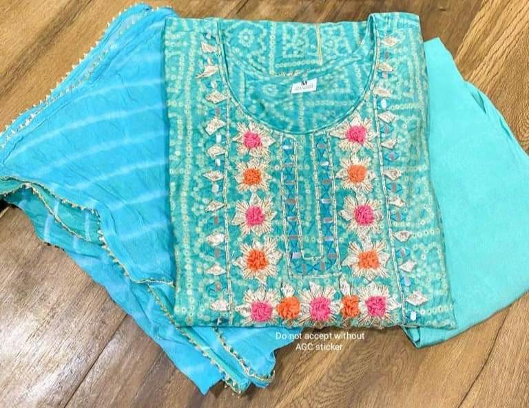 Premium cotton patola print anarkali gown with cotton pant & mal cotton duppata detailed with embroidery , mirror & tassels