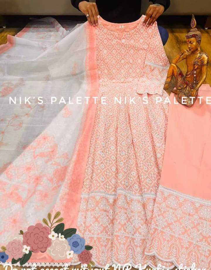 Premium malmal cotton anarkali flair gown with beautiful side tussels Zari embroidery sequins & foil mirror work on yoke Mul lining attached