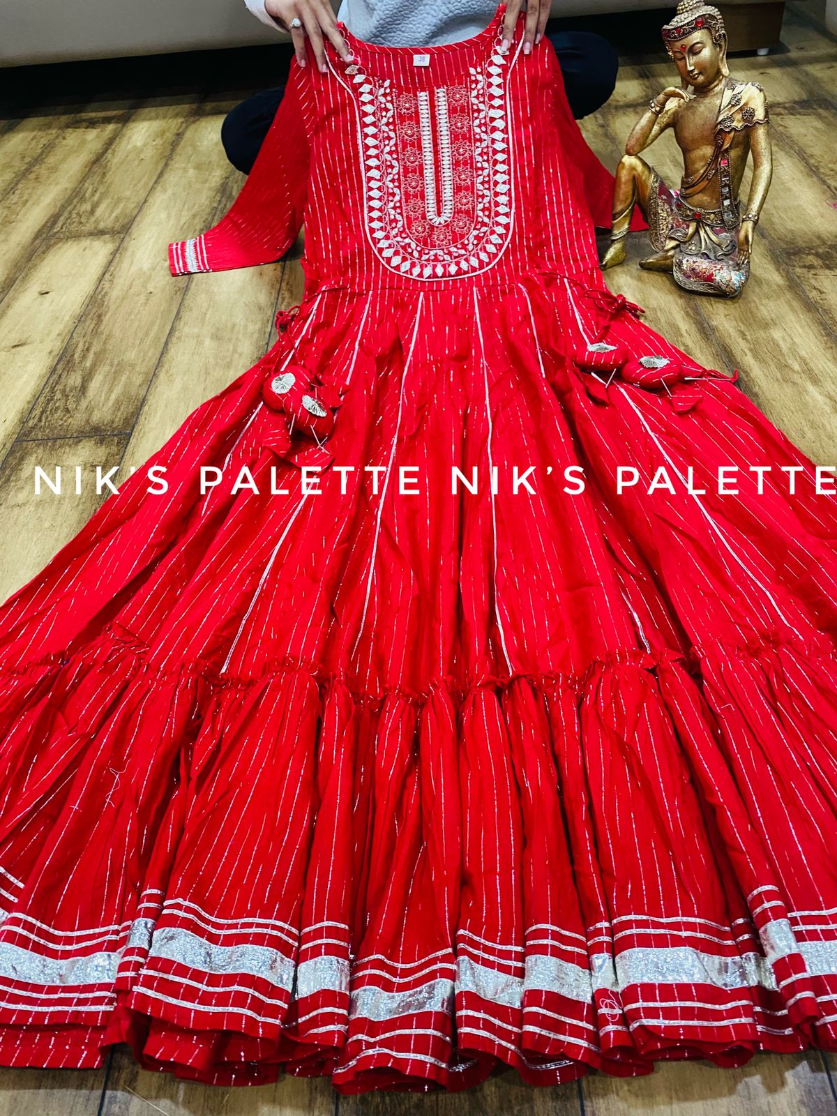 Premium *Lurex cotton* anarkali gown detailed with embroidery on yoke with gota work & heavy tassels Chiffon dupatta with gota lace & all over gota buti..