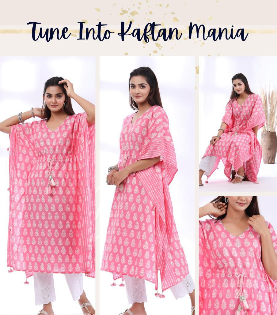 Designer Kaftan, Pure Muslin Ready To Wear Printed Kaftan Dress With Beautiful Thread Gotta Mirror Foil Work On Neckline With Added Tassels, Ready To Wear Pure Khadi Cotton Pants
