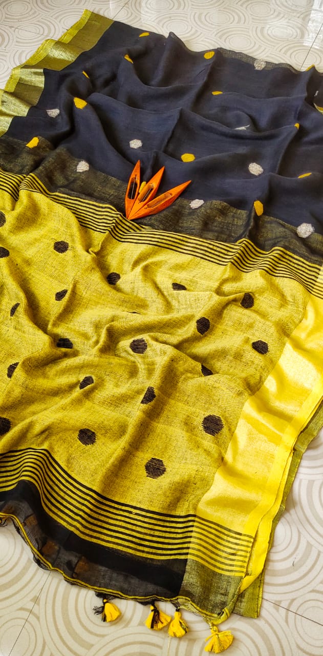 ▪️Handloom linen Saree ▪️Linen by linen Ball Butta Work ▪️Best quality assured ▪️With blouse piece attached