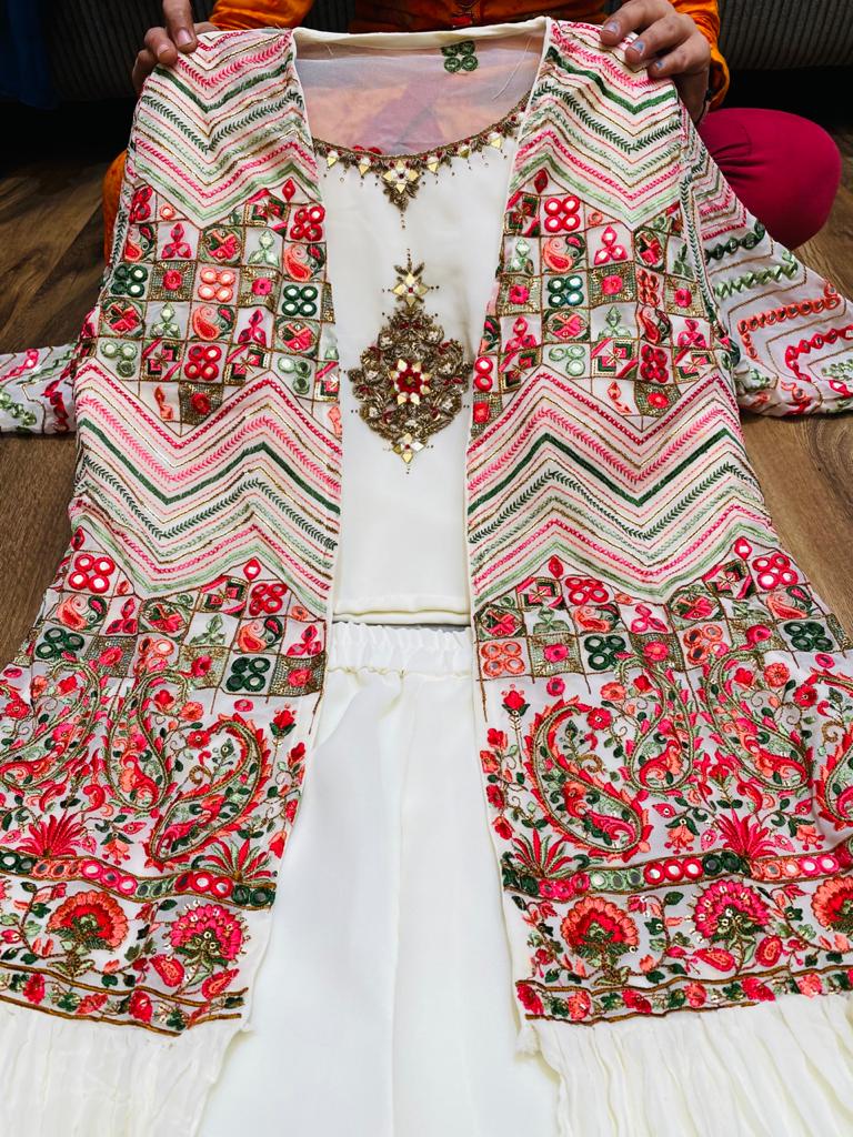 Premium Georgette crop top with beautiful zardosi , embroidery ,mirror work Premium Georgette palazo Premium Georgette jacket with beautiful embroidery and mirror work