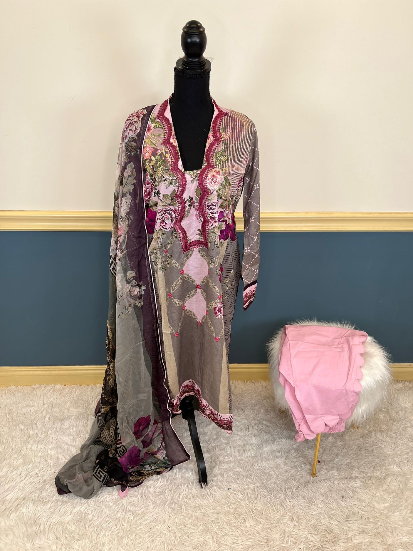 Pakistani lawn stitched Embroidered Suit Ready To Ship