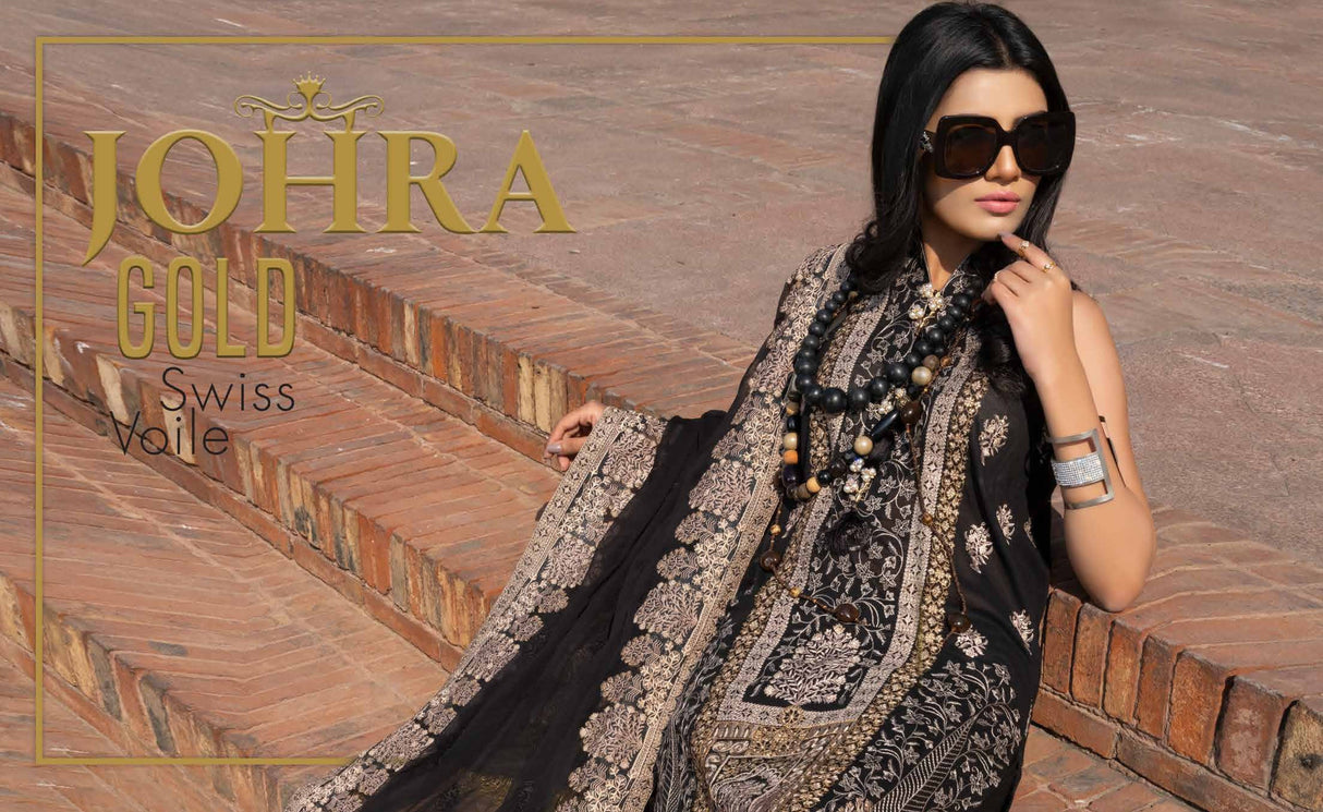 Johra Gold Embroidered Swiss Voil -100% Original Guaranteed