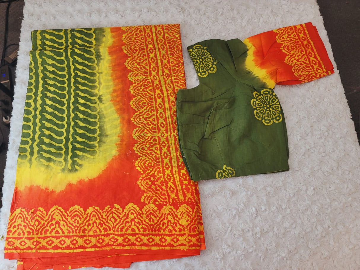 Cotton batik saree with stiched blouse